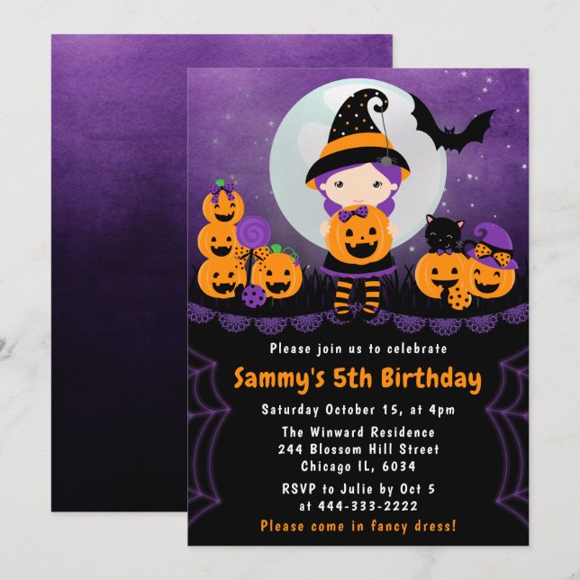 Invitación Cute Halloween Bruja y Calabazas Fiesta de Cumplea (Anverso / Reverso)