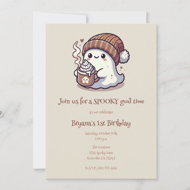 Invitación Cute Halloween Ghost en gorro de otoño y chocolate (Anverso)
