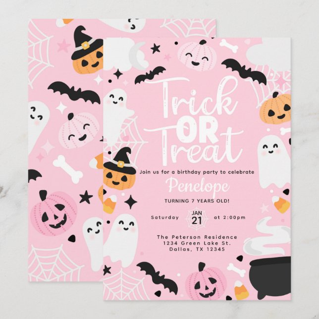 Invitación Cute Halloween Ghost Pumpkin Birthday Party (Anverso / Reverso)