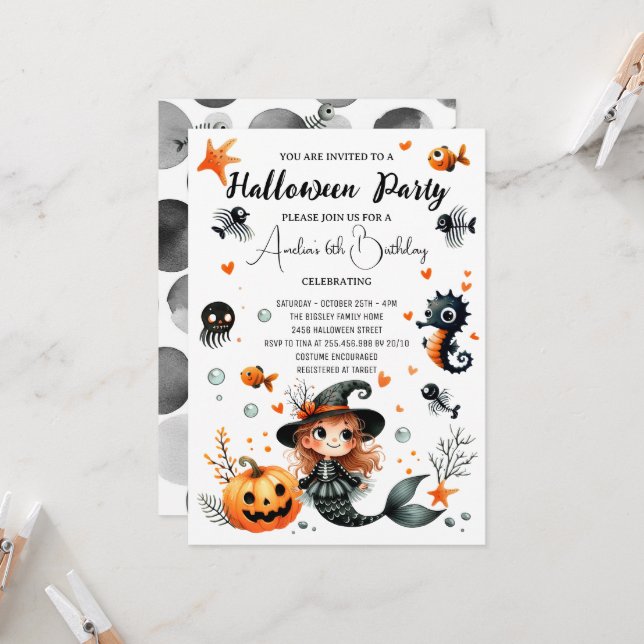 Invitación Cute Halloween niños Cumpleaños Festosa de sirena (Anverso/Reverso In Situ)