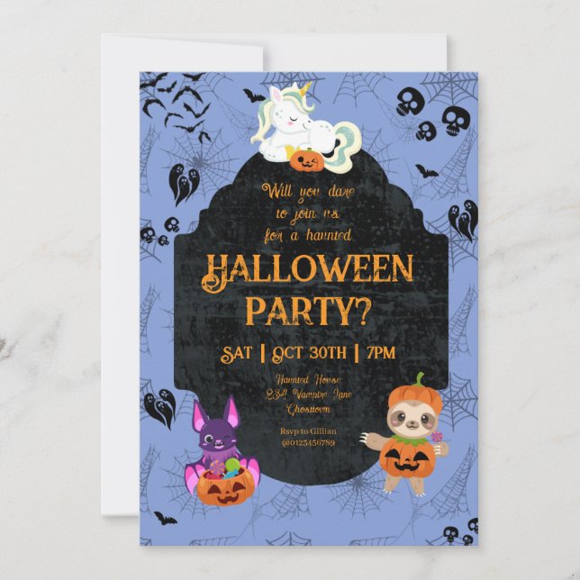 Invitación Cute Halloween Unicornio, Bat, Fiesta eslovaco (Anverso)