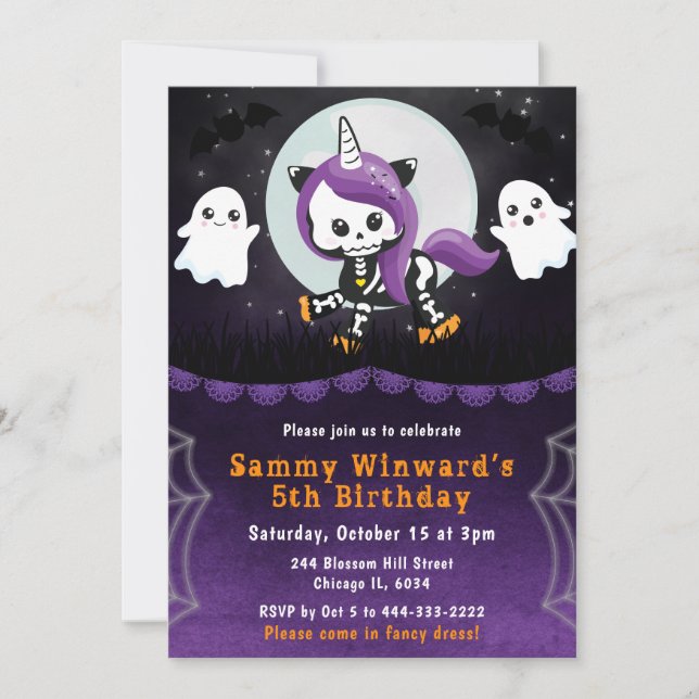 Invitación Cute Halloween Unicornio y fiesta de cumpleaños de (Anverso)