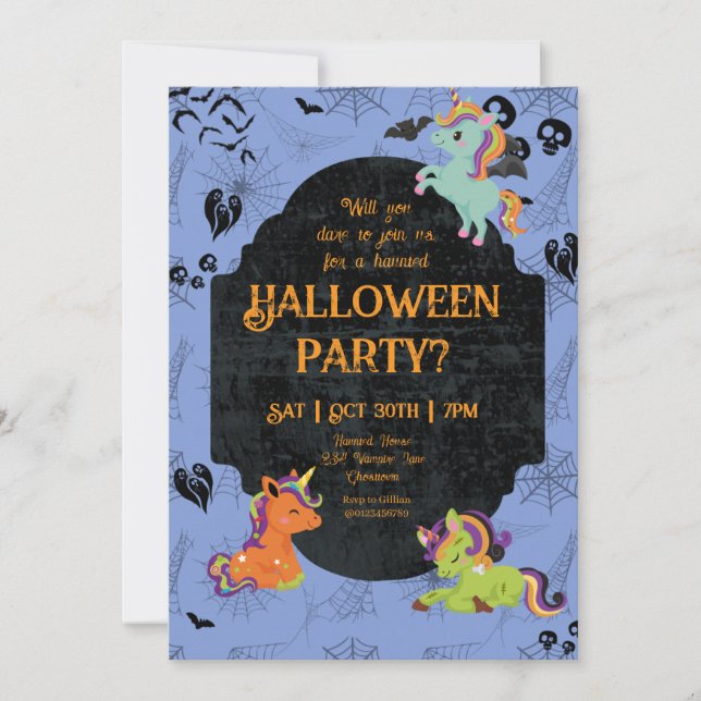 Invitación Cute Halloween Unicornios 2 Fiestas (Anverso)