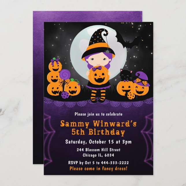 Invitación Cute Halloween Witch Pumpkins Cumpleaños Party (Anverso / Reverso)