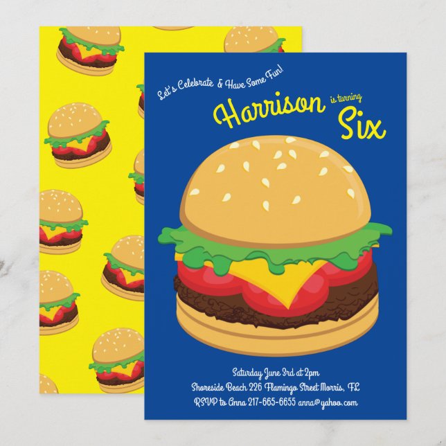 Invitación Cute Hamburger Kids Birthday Fiesta Burger (Anverso / Reverso)