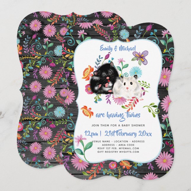 Invitación Cute Hamster TWINS Baby Shower Invita a la flor fo (Anverso / Reverso)