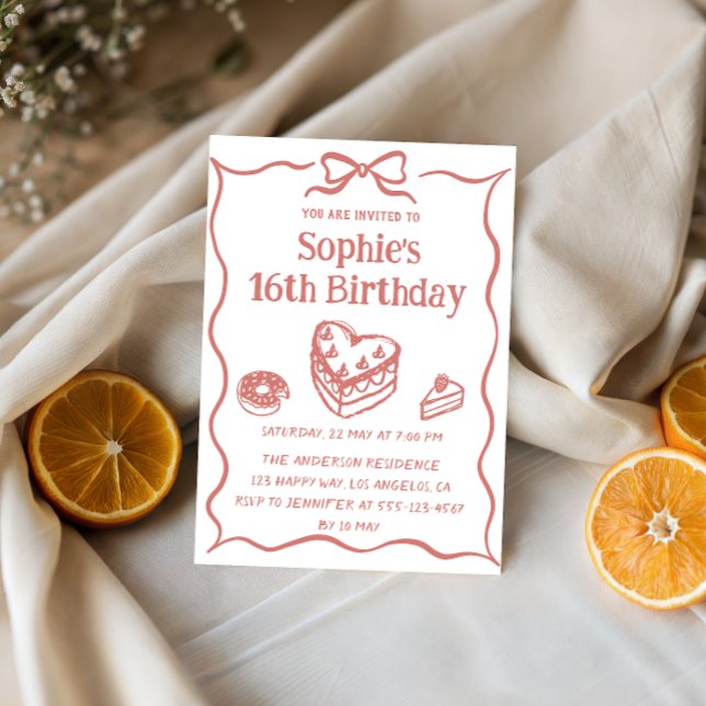 Invitación Cute Hand-Drawn Sweets & Ribbon Sweet 16 Birthday (Subido por el creador)