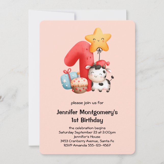 Invitación Cute Happy Cow 1º cumpleaños (Anverso)