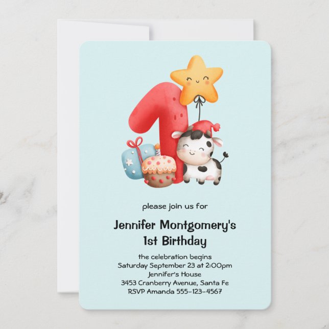 Invitación Cute Happy Cow 1º cumpleaños (Anverso)