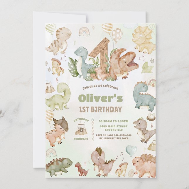Invitación Cute Happy Dinosaurs 1er cumpleaños (Anverso)