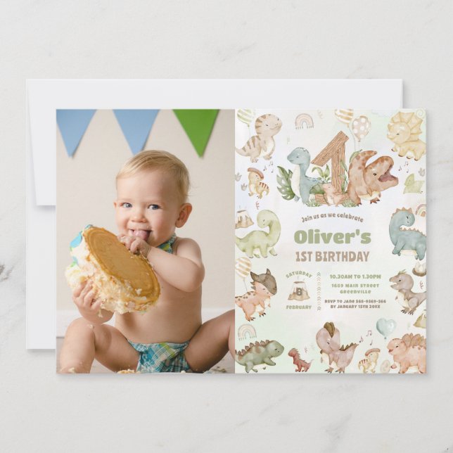 Invitación Cute Happy Dinosaurs 1er cumpleaños foto (Anverso)