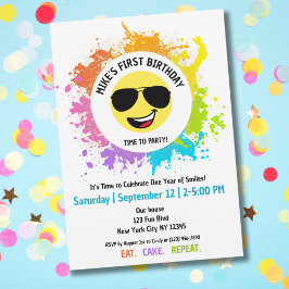 Invitación Cute Happy Face,Aviator Glasses,Fun First Birday