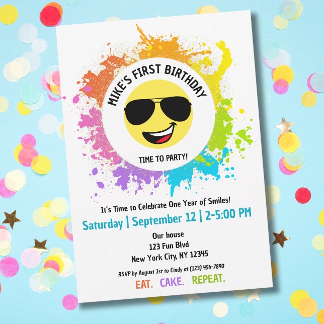 Invitación Cute Happy Face,Aviator Glasses,Fun First Birday (Subido por el creador)
