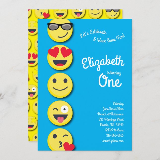 Invitación Cute Happy Face Kids Primer Fiesta de cumpleaños (Anverso / Reverso)