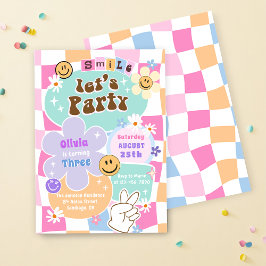 Invitación Cute Happy Face Smile Groovy Checkered Cumpleaños