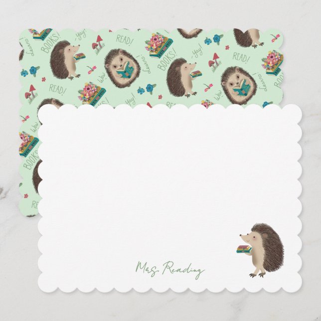 Invitación Cute Happy Hedgehog ama a los libros (Anverso / Reverso)