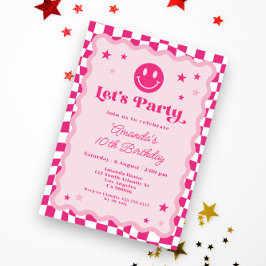 Invitación Cute Happy Smile Hot Pink Checkered Chica Cumpleañ