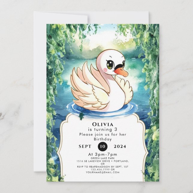Invitación Cute Happy Swan Birday (Anverso)