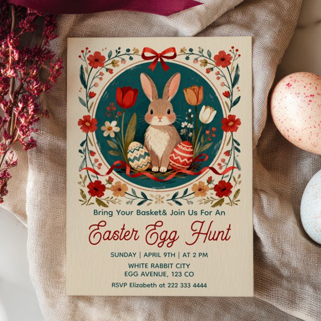 Invitación Cute Hare with Eggs Floral Easter Egg Hunt  (Subido por el creador)
