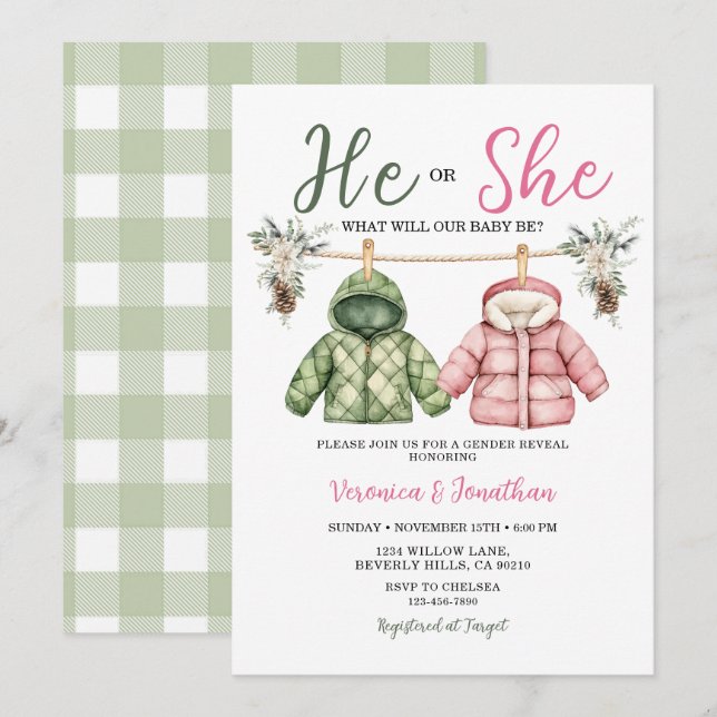 Invitación Cute He or she Winter Clothes Gender Reveal Floral (Anverso / Reverso)