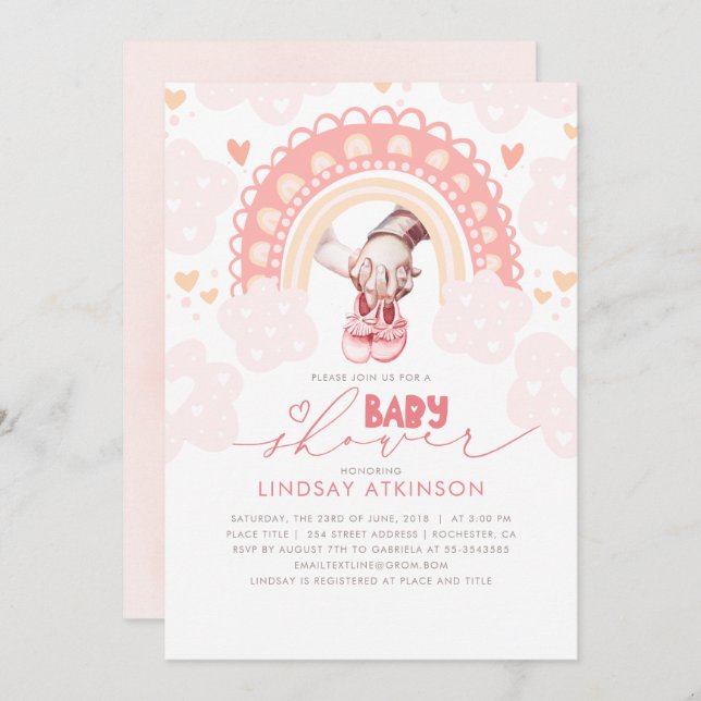 Invitación Cute Heart Boho Rainbow Pink Baby Shower (Anverso / Reverso)