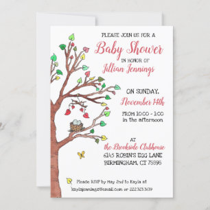 Invitación Cute Heart Leaves y Bird Nest Baby Shower