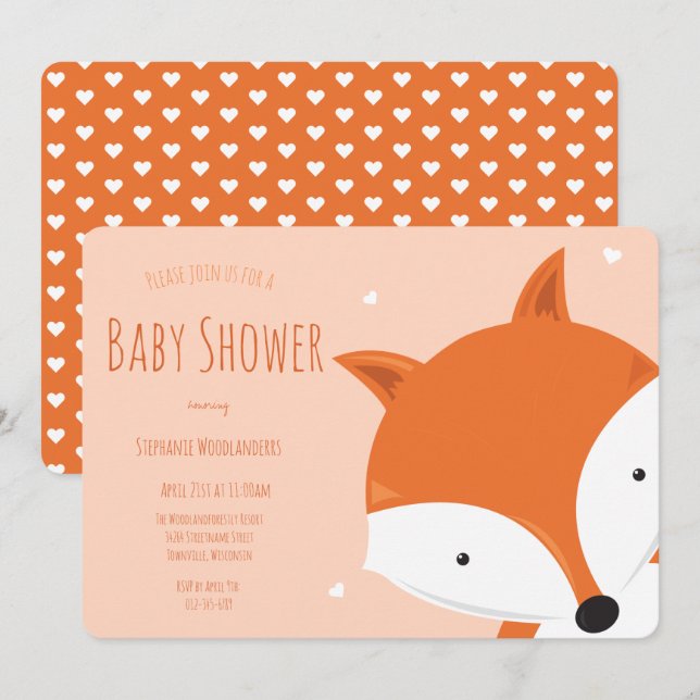 Invitación Cute Hearts Fox Animal Baby Shower (Anverso / Reverso)