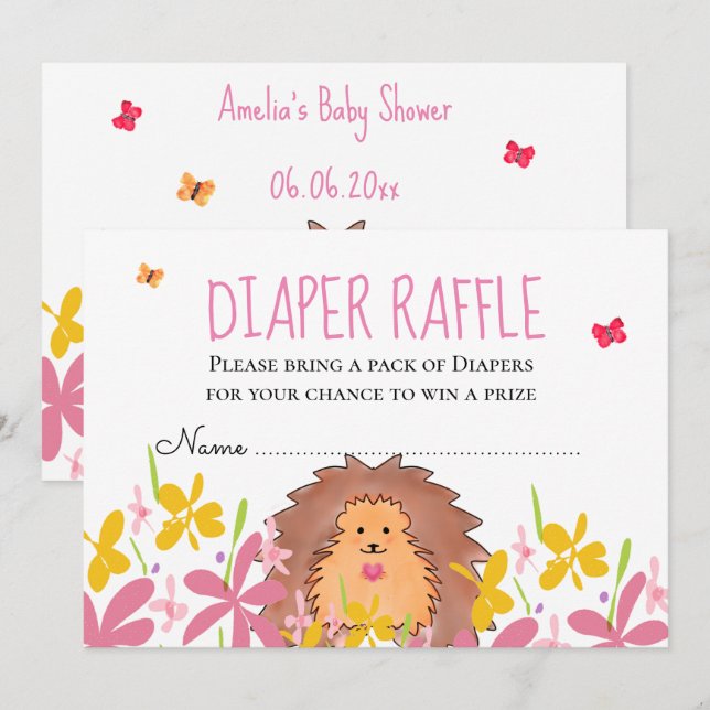 Invitación Cute Hedgehog Baby Shower Diaper Raffle  (Anverso / Reverso)