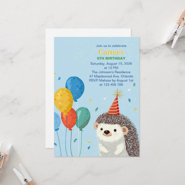 Invitación Cute Hedgehog Birthday Party Invitation (Anverso/Reverso In Situ)