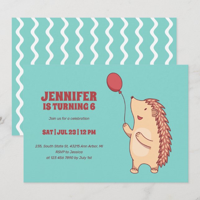 Invitación Cute Hedgehog Con Niños Personalizados De Globos C (Anverso / Reverso)