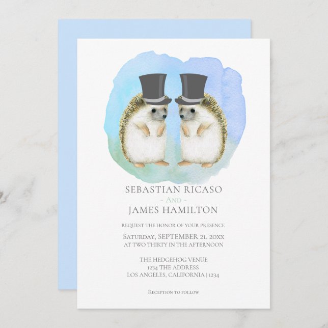 Invitación Cute Hedgehog Dos Grooms Boda Pareja Gay (Anverso / Reverso)