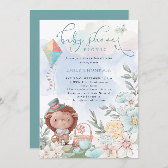 Invitación Cute Hedgehog Florals Baby Shower Picnic Boy (Anverso / Reverso)