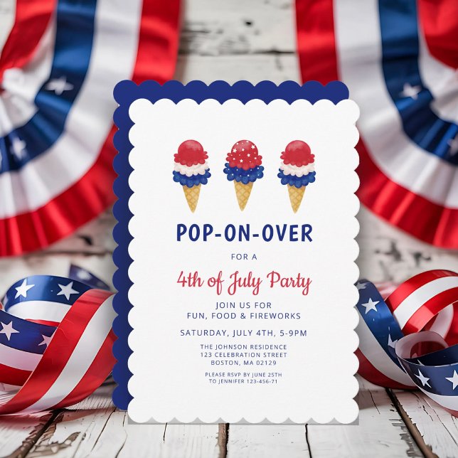 Invitación Cute Helado Rojo, Blanco Y Azul 4 de Julio (Cute Ice Cream Red, White And Blue 4th of July Invitation)