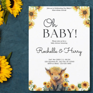 Invitación Cute Highland Cow Calf Sunflowers Baby Shower