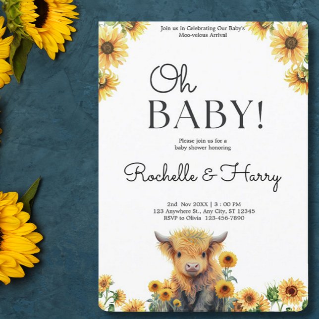 Invitación Cute Highland Cow Calf Sunflowers Baby Shower (Subido por el creador)