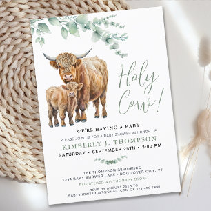 Invitación Cute Highland Cow Greenery Eucalyptus Baby Shower