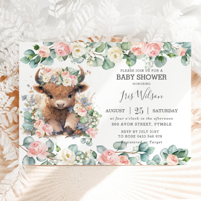 Invitación Cute Highland Cow Pink Floral Greeneration Baby Sh (Subido por el creador)