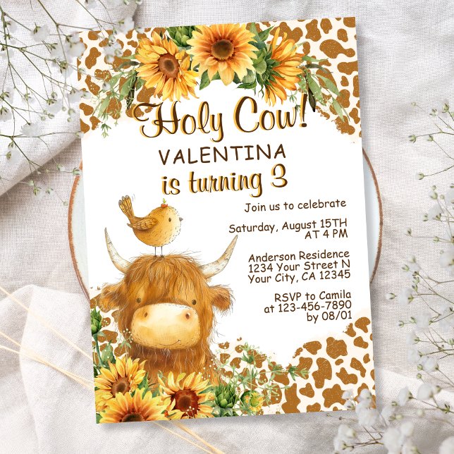 Invitación Cute Highland Cow Print Sunflowers Bird Birday (Subido por el creador)