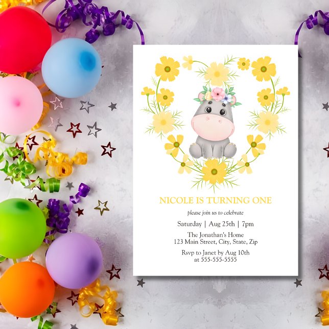 Invitación Cute Hipopótamo Flor Amarilla Corazón Primer Cumpl (Subido por el creador)
