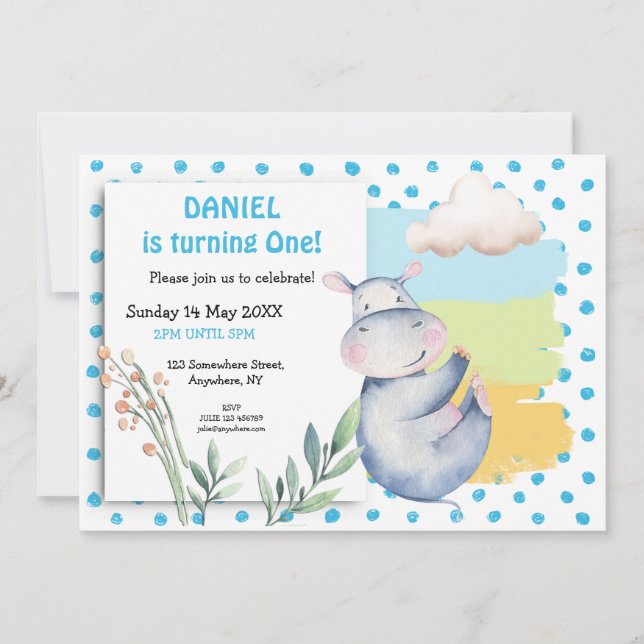 Invitación Cute Hippo Blue Dots Boys Primera Fiesta de Cumple (Anverso)