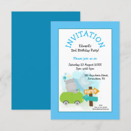 Invitación Cute Hippo Car Toddday Party Blue