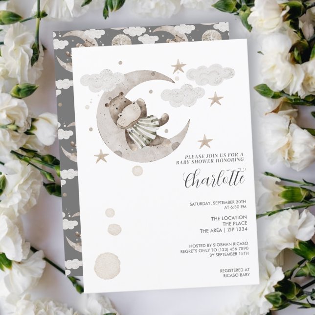 Invitación Cute Hippo en el Baby Shower de la Luna (Subido por el creador)