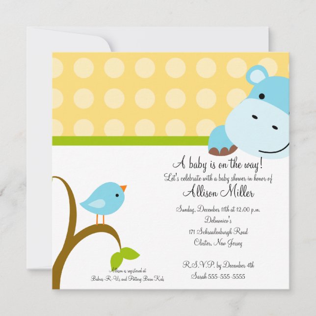 Invitación Cute Hippo y Birdie Baby Shower (Anverso)