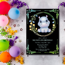 Invitación Cute Hippopótamo Flor Wreath cuarto cumpleaños Neg