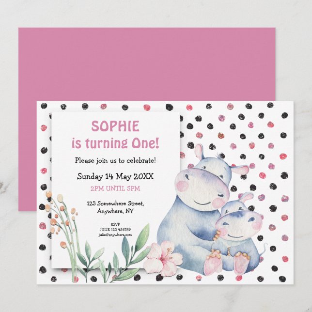 Invitación Cute Hippos Chicas de puntos rosados Primera fiest (Anverso / Reverso)