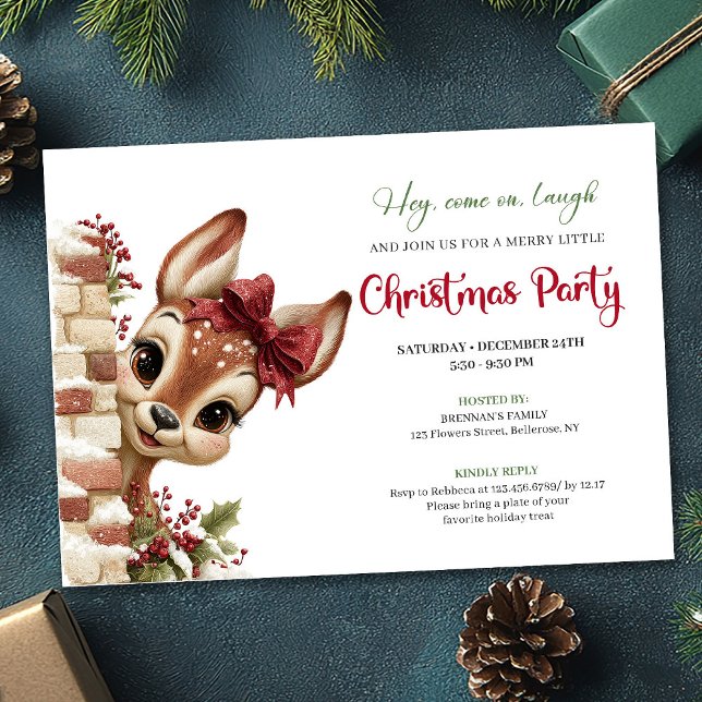 Invitación Cute holiday reindeer peeking kids event invite (Cute holiday reindeer peeking kids event invitation)