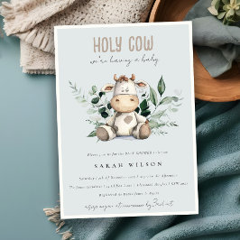 Invitación Cute Holy Cow Foliage Pastel Azul Baby Shower