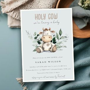 Invitación Cute Holy Cow Foliage Pastel Azul Baby Shower