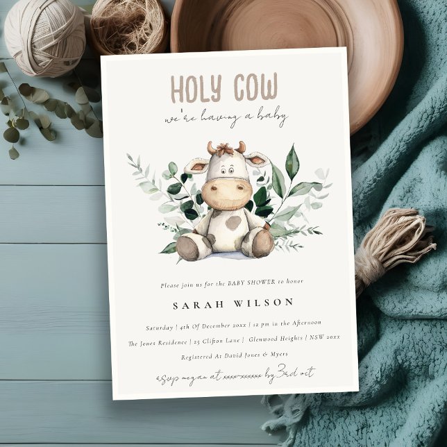 Invitación Cute Holy Cow Foliage Pastel Neutral Baby Shower (Subido por el creador)