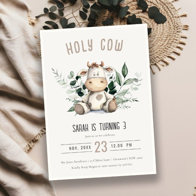 Invitación Cute Holy Cow Foliage Pastel Neutral Kids Birday (Subido por el creador)